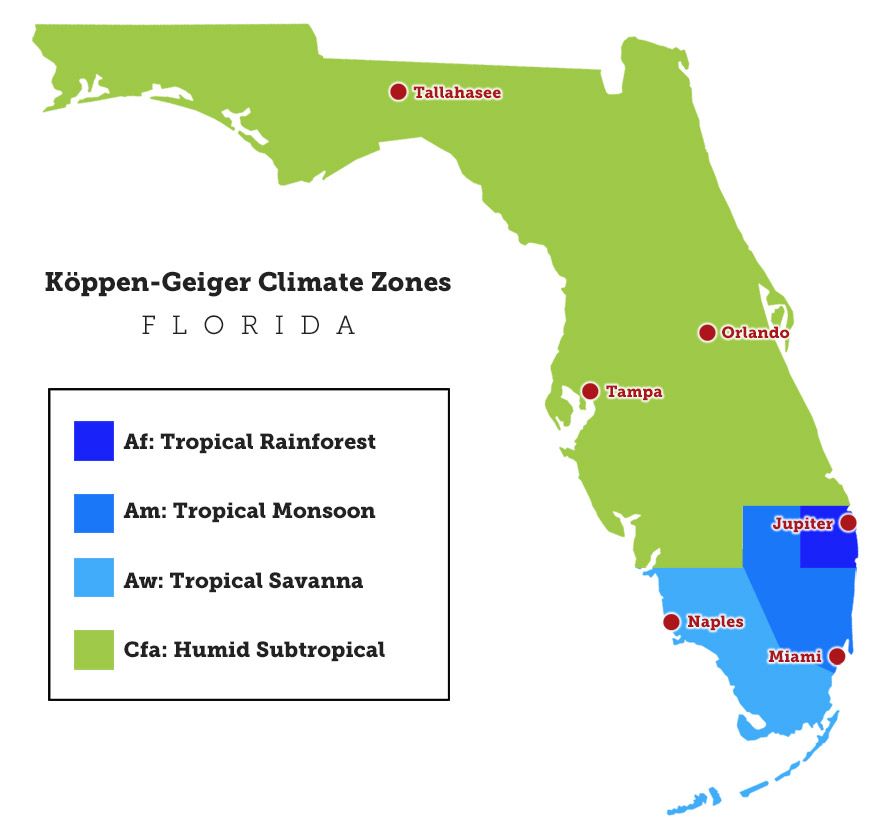 A map of florida showing the koppen-gedger climate zones