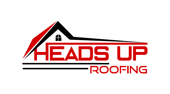 A red and black logo for heads up roofing