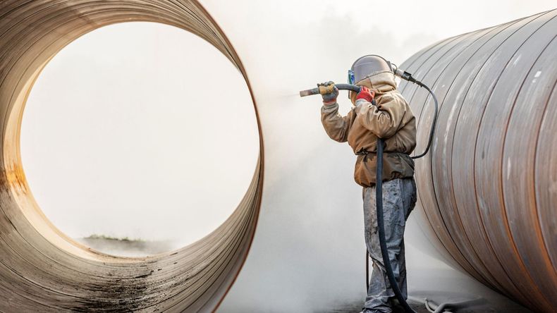 A worker in protective gear uses a high-pressure sandblasting nozzle to clean the exterior of a large metal pipe.
