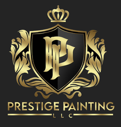 Gold and black logo for "Prestige Painting LLC" with a crown, shield, and ornate design.