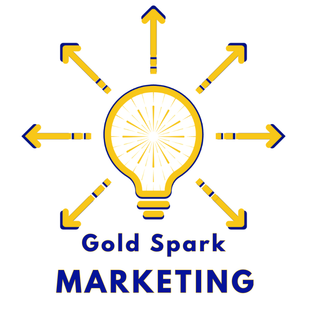 A logo for gold spark marketing with a light bulb and arrows pointing in different directions.