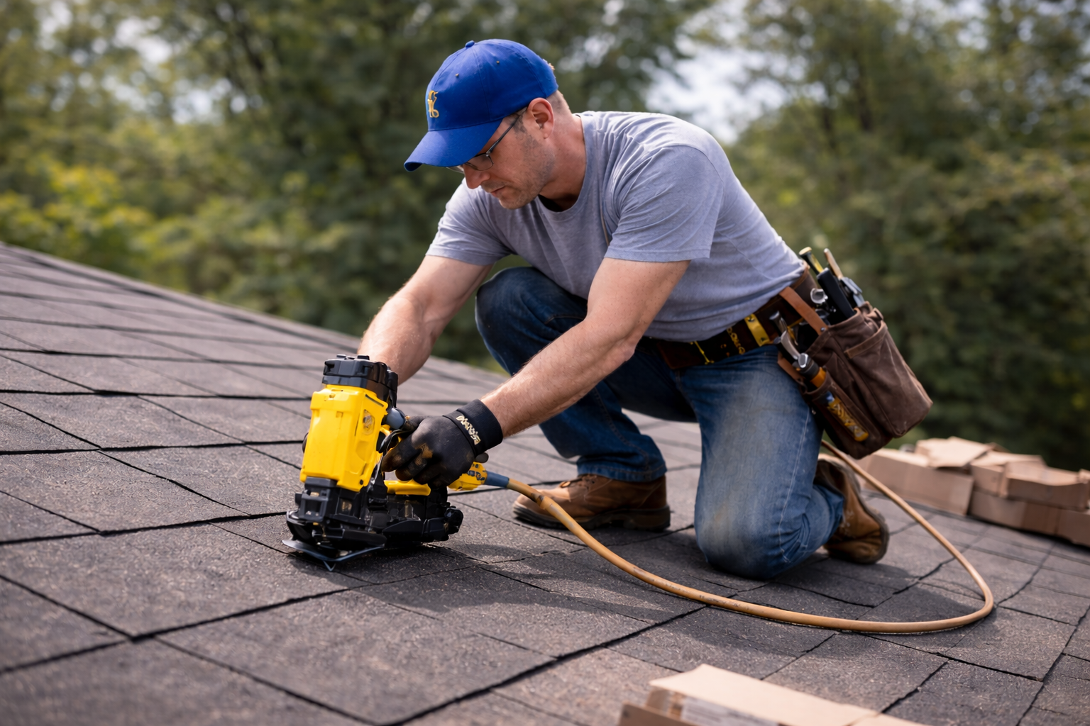 Tan and gray house with black roof and three-car garage; wet driveway reflecting sunset.