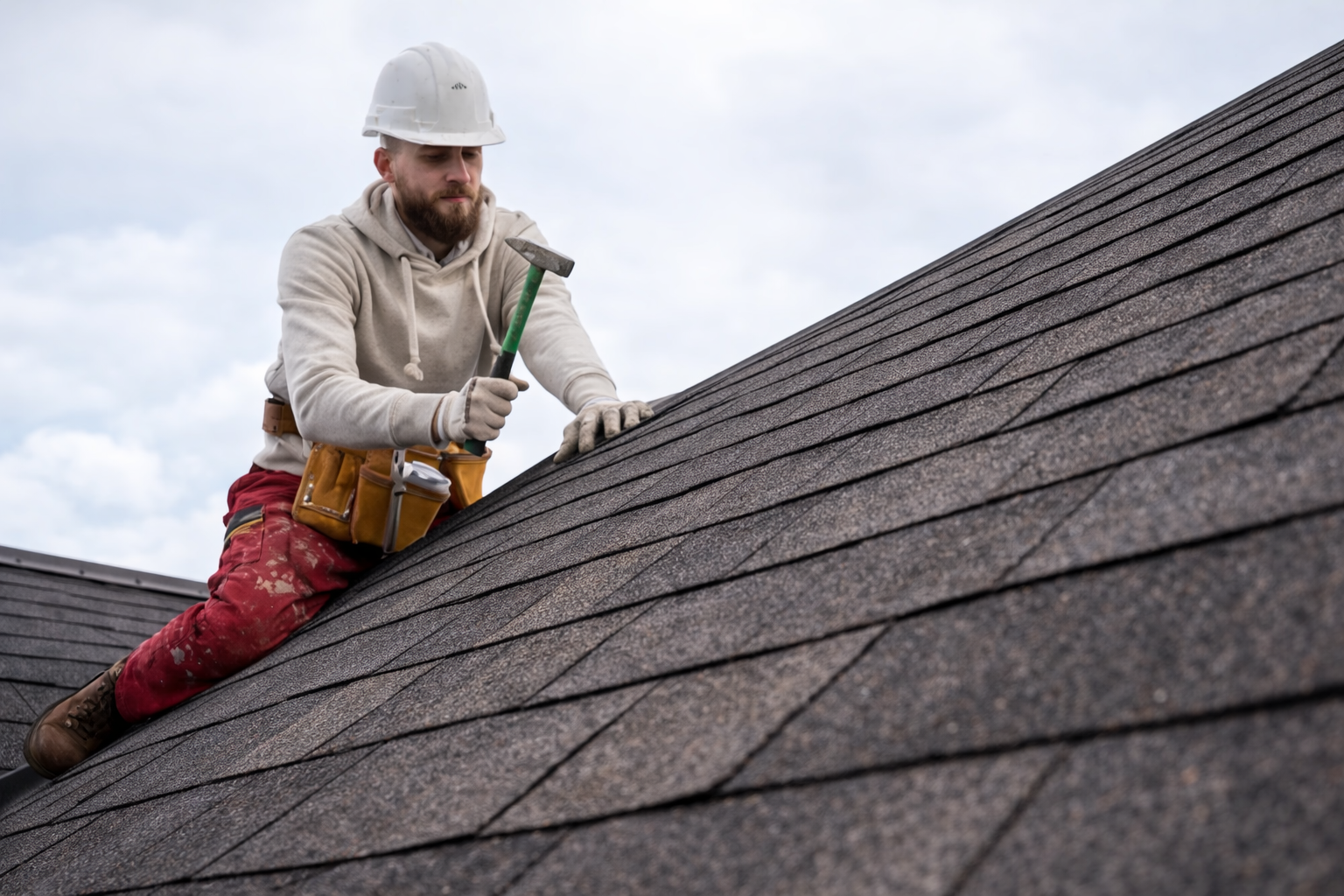 Roofer in white hard hat hammers shingle roofing on a cloudy day.