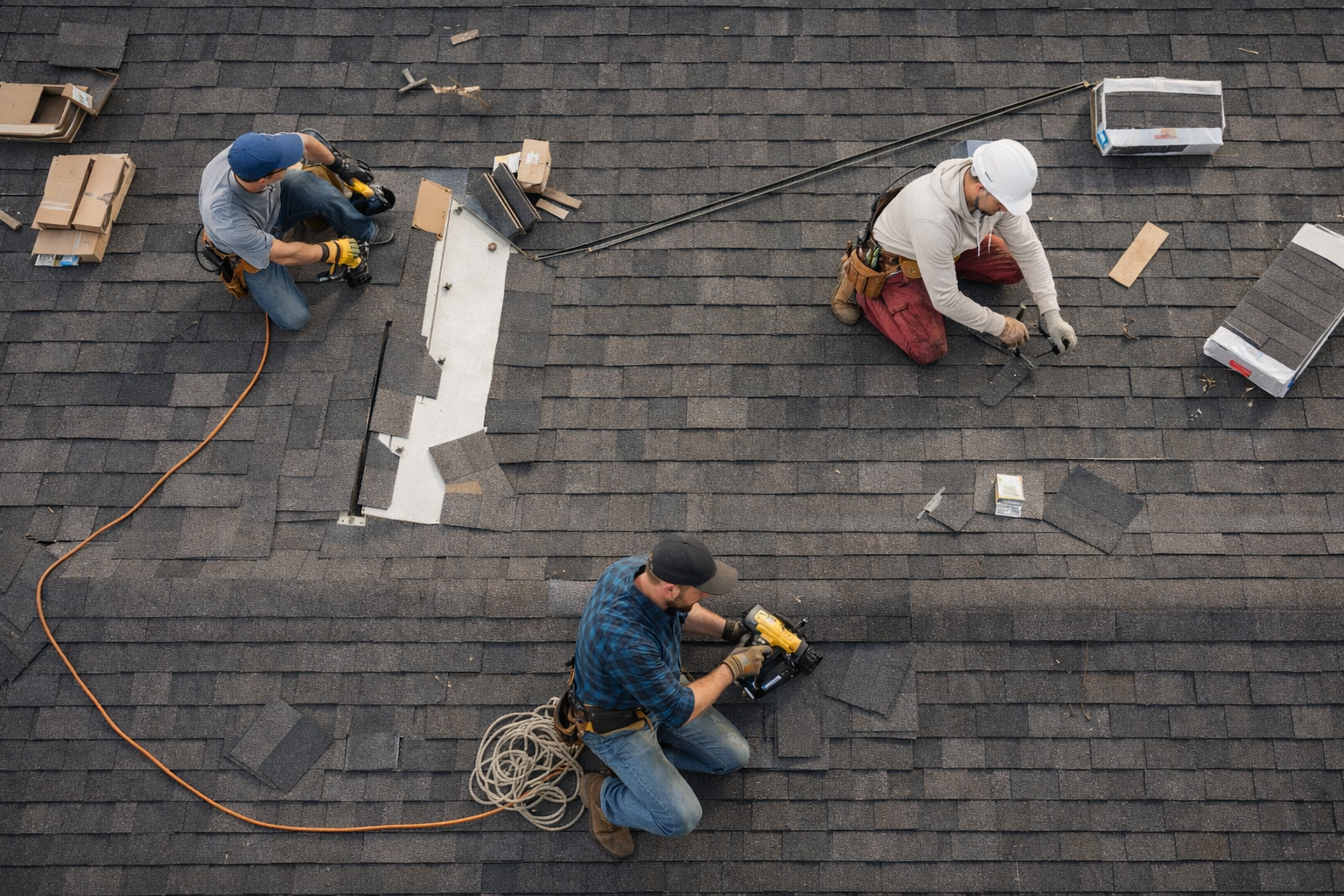 Roofers working on a dark gray shingled roof, using tools and materials.