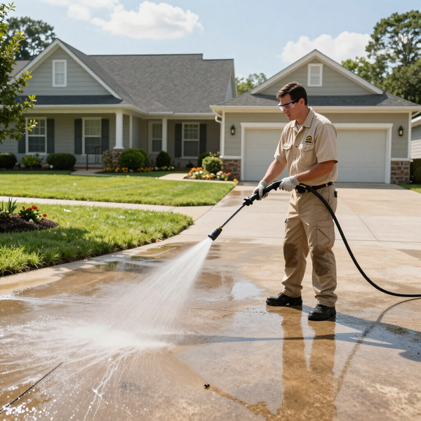 A view from a concrete driveway facing a suburban home with a two-car garage, green lawns, and flower beds.