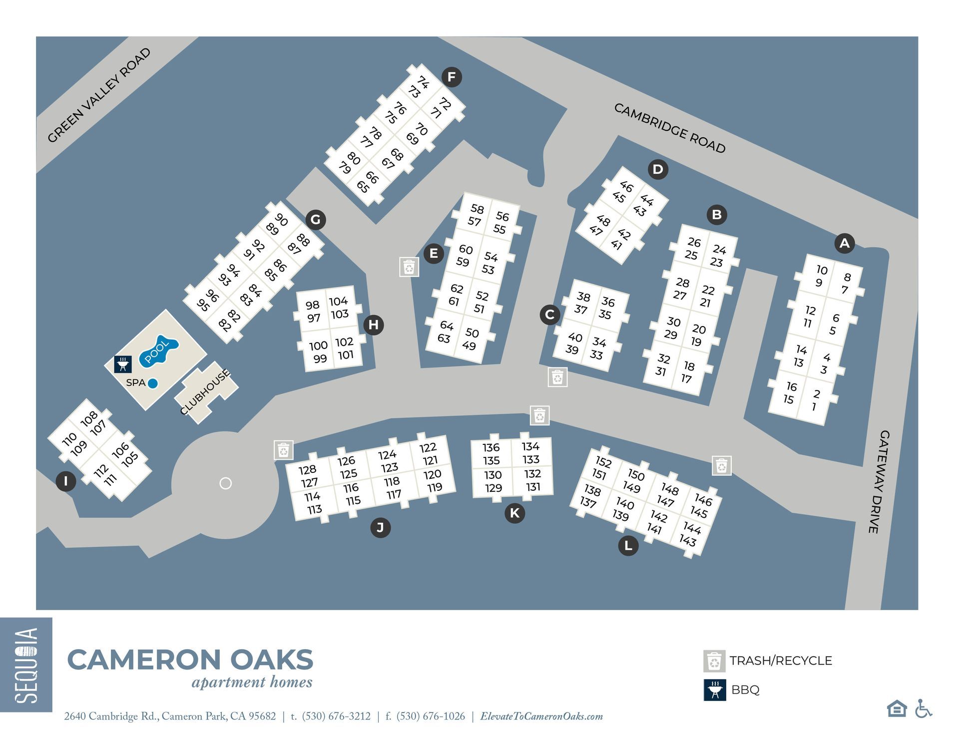 Apartment complex map: Cameron Oaks. Buildings labeled A-L. Roads, parking, pool. Blue, white, gray.