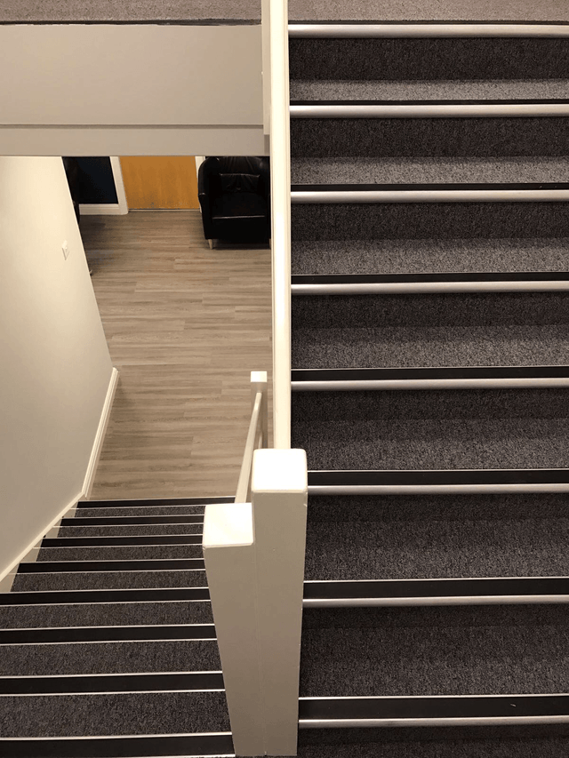 carpeted staircase leading to laminate flooring
