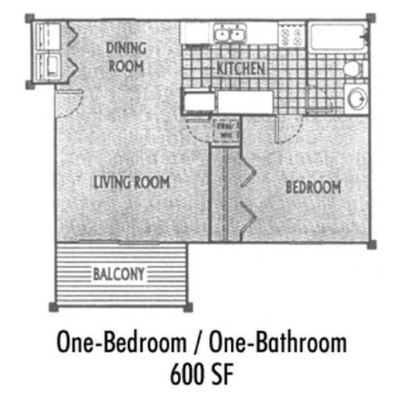 A black and white floor plan of a one bedroom apartment