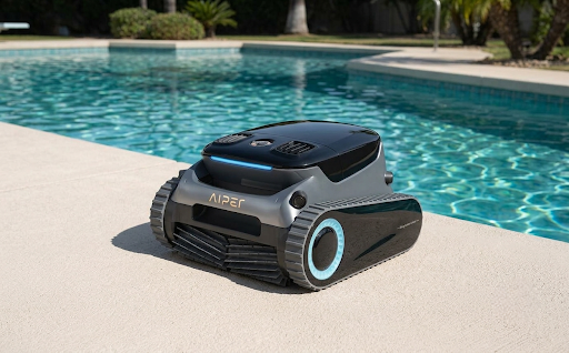 A white and blue swimming pool cleaner with a handle