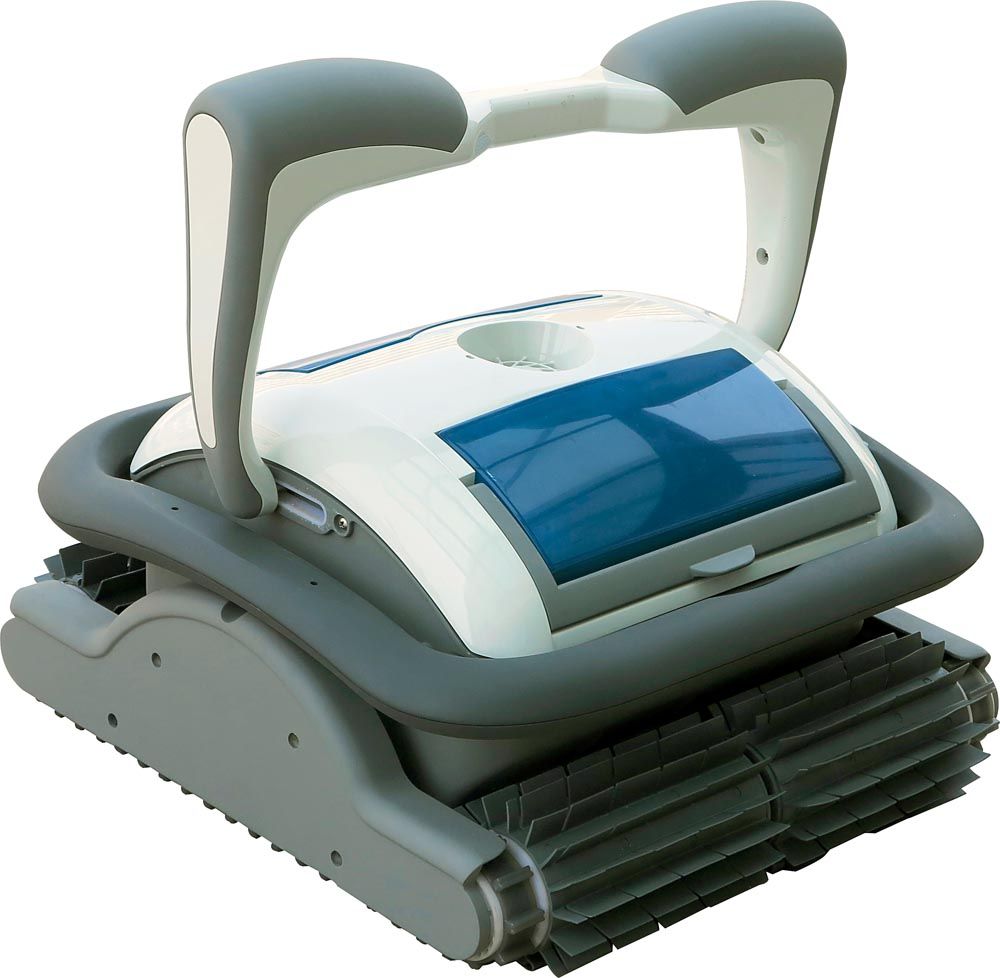 A white and blue swimming pool cleaner with a handle