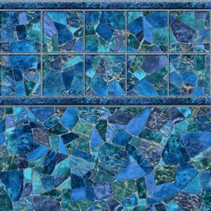 A close up of a blue and green tile wall.