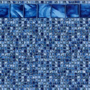 A close up of a blue mosaic tile wall.
