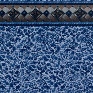 A close up of a swimming pool with a blue and white tile border.