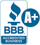 A blue and white bbb accredited business logo