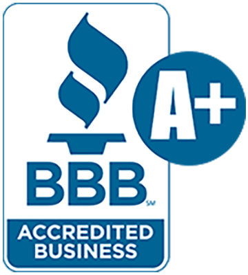 A blue and white bbb accredited business logo