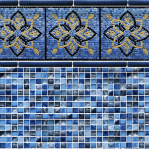 A blue tile wall with a celtic design on it