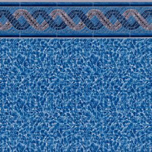 A close up of a blue swimming pool with a mosaic border.