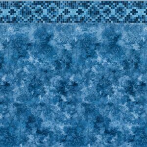 A close up of a blue swimming pool with a mosaic border.