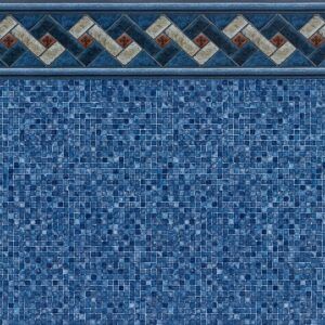 A close up of a blue tile wall with a border.