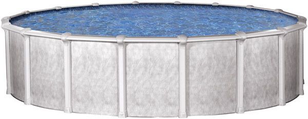 A round swimming pool with blue water and a white fence.