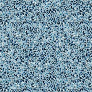 A close up of a blue and white tile floor.