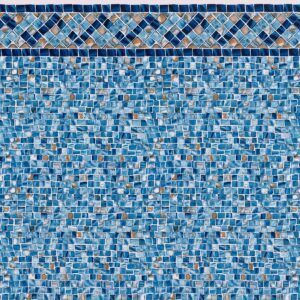 A close up of a blue mosaic wall with a border.