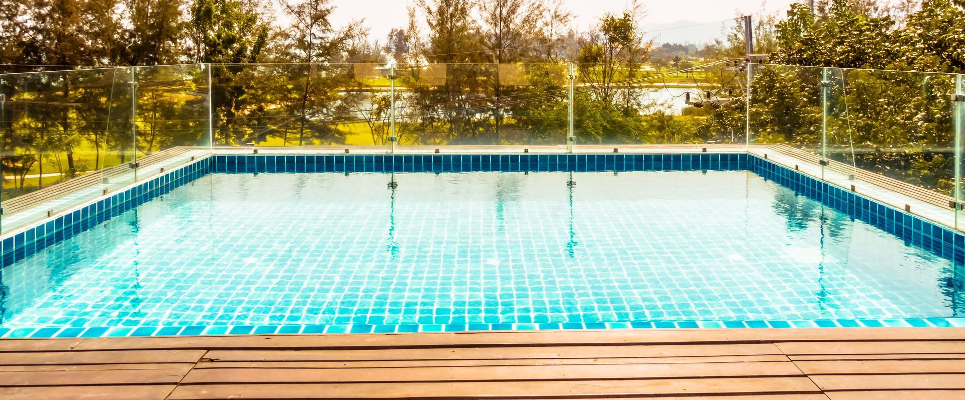An empty swimming pool with a glass fence and trees in the background.