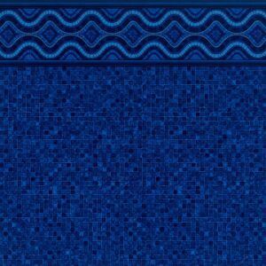 A close up of a blue tile wall with a wave pattern.