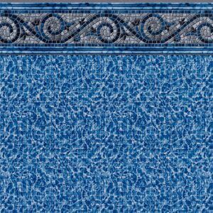 A close up of a blue swimming pool with a mosaic border.