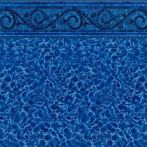 A close up of a blue swimming pool with a mosaic border.