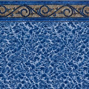 A close up of a blue swimming pool with a mosaic border.