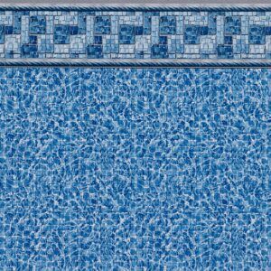 A close up of a blue swimming pool with a mosaic border.