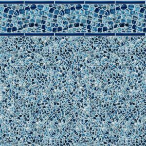 A close up of a blue and white tile floor.