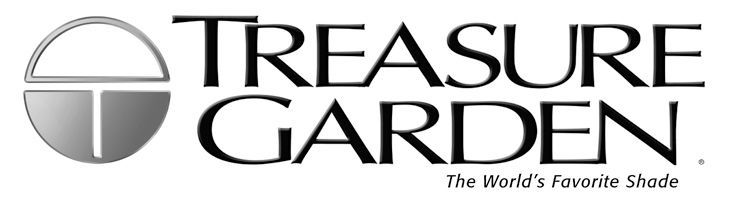 A black and white logo for treasure garden , the world 's favorite shade.