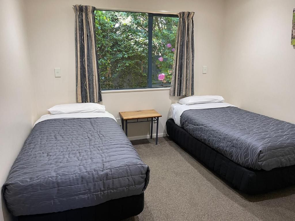 A bedroom with two twin beds and a window.