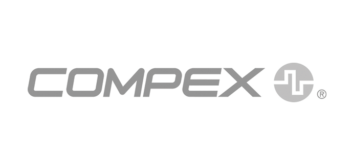 The logo for compex is a gray logo on a white background.