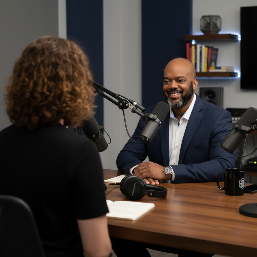 A man in a suit smiles, being interviewed at a podcast table. A woman with curly hair sits opposite.