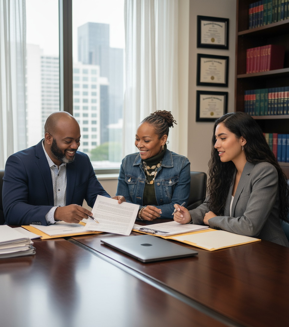 Three people, two women and a man, in discussion around a table. City backdrop, library, smiles.