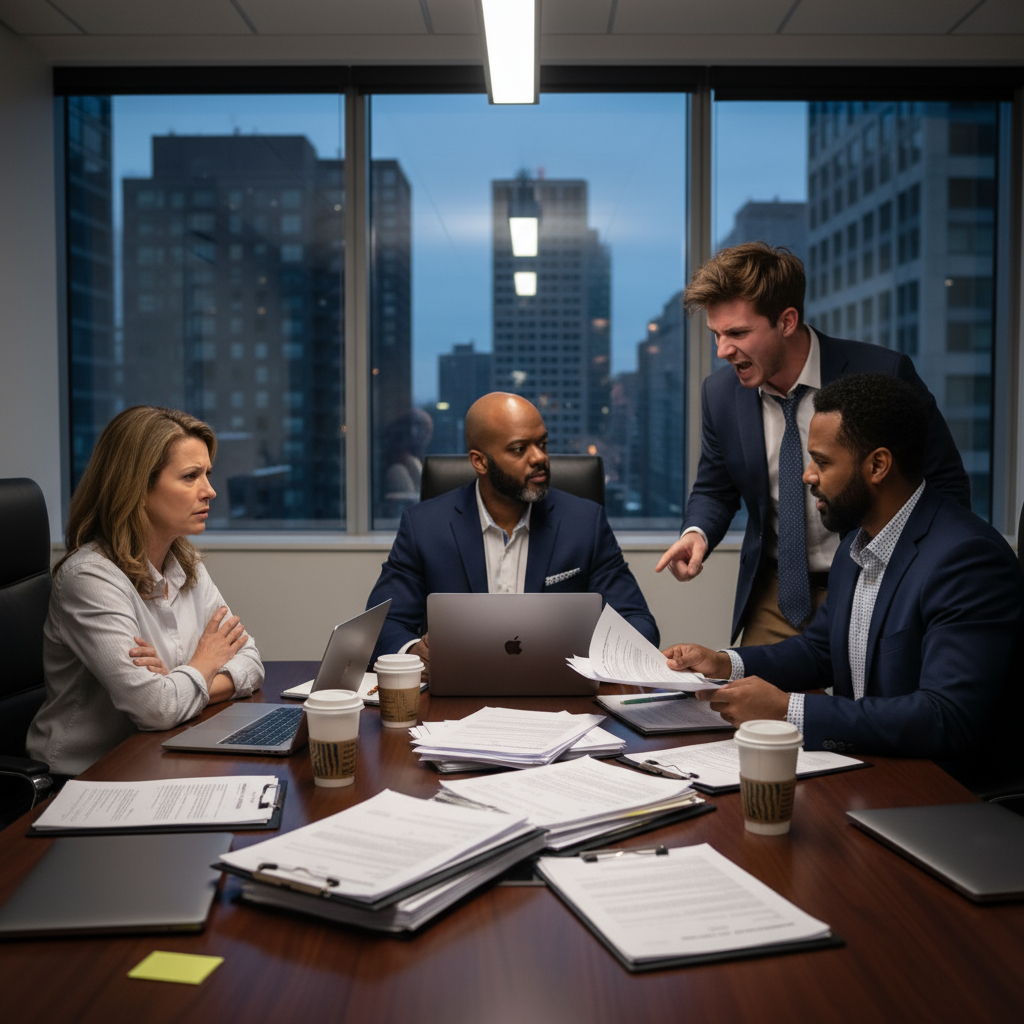 Four business people in a meeting, one man yelling, others looking concerned; city skyline visible.
