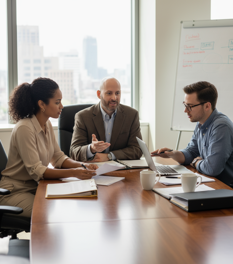 Three business professionals in meeting; woman with papers, man with laptop, other man gestures, bright office.