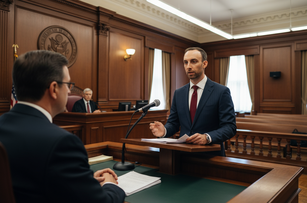 Man speaking at a podium in a courtroom, facing another man seated at a table. Judge in background.
