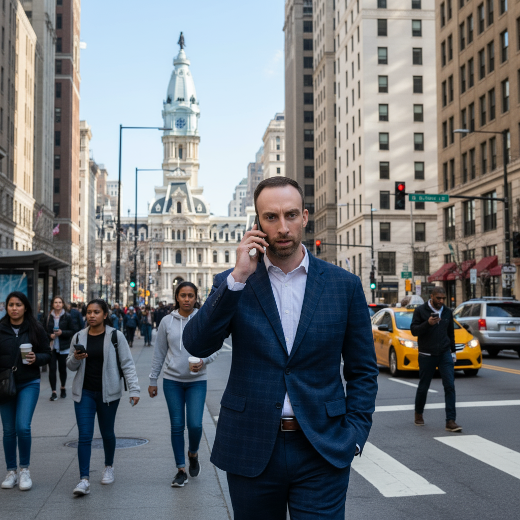 Man in suit talks on phone, walking down city street with crowd; Philadelphia City Hall in the background.