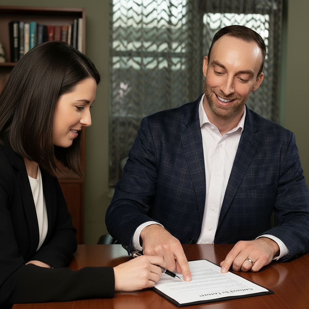 Two people reviewing documents at a desk; man points to paper, woman looks on.