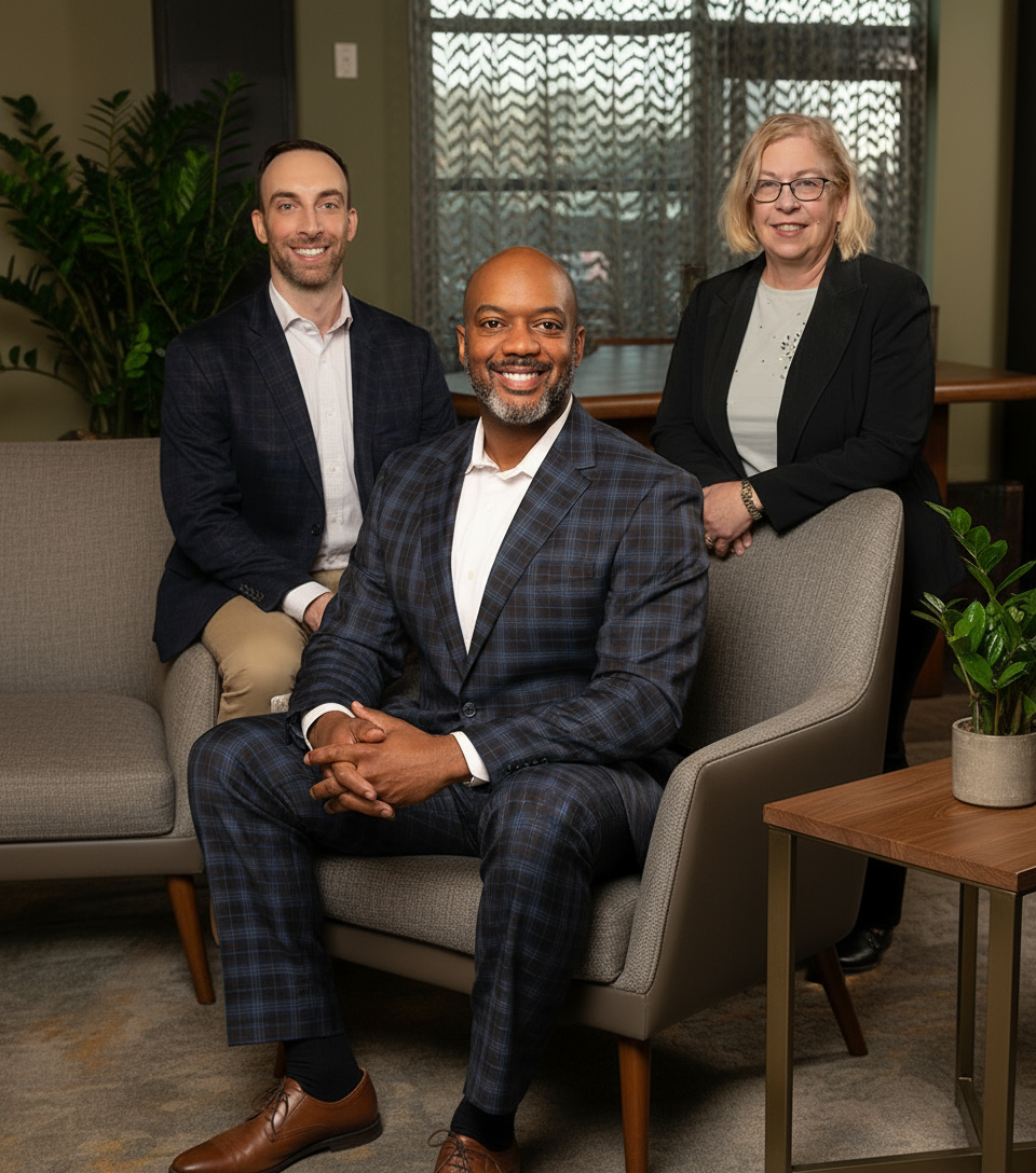 Three business professionals in an office setting; two men, one woman. Man in center seated, suit.