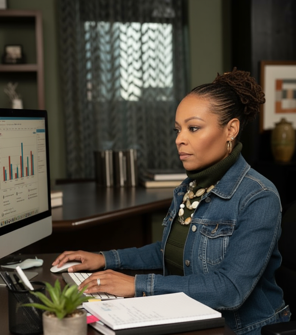 Woman in denim jacket at a desk, working on a computer. The setting is an office with graphs on the screen.