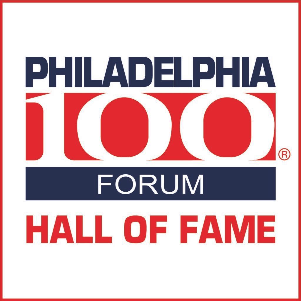 Philadelphia 100 Forum Hall of Fame logo: red and blue text, white numbers