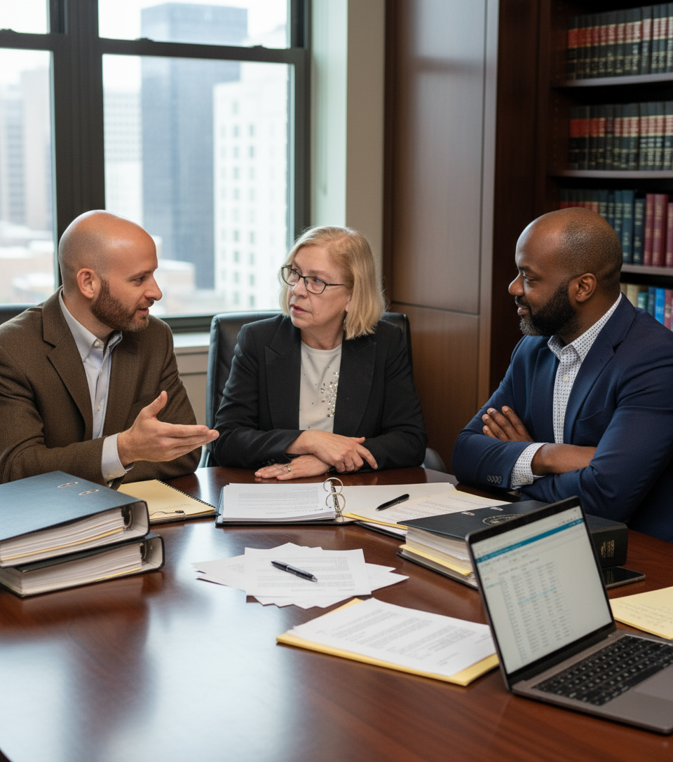 Three colleagues discuss documents at a conference table in a wood-paneled office.