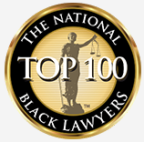 The National Black Lawyers Top 100 award seal: Lady Justice statue in gold and black circle.