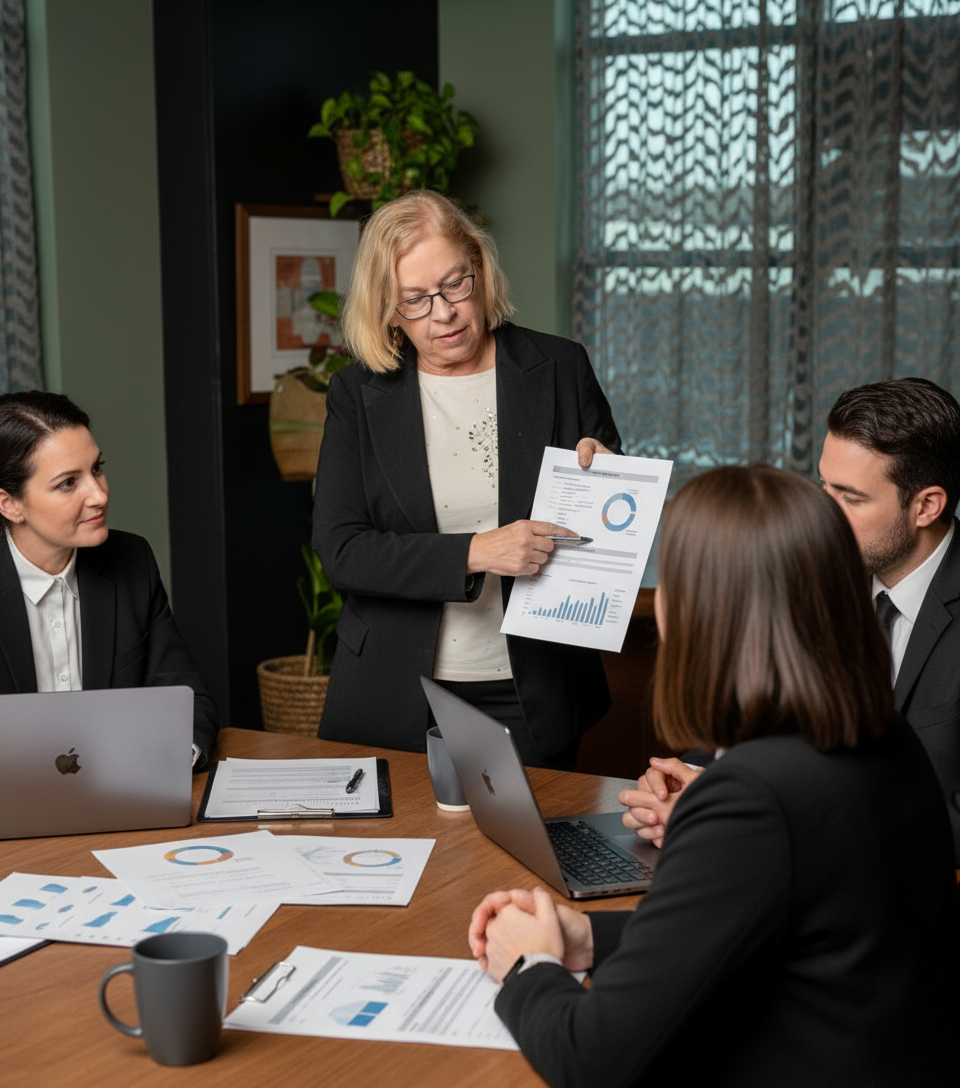 Business meeting with a woman presenting charts, other colleagues around a table.