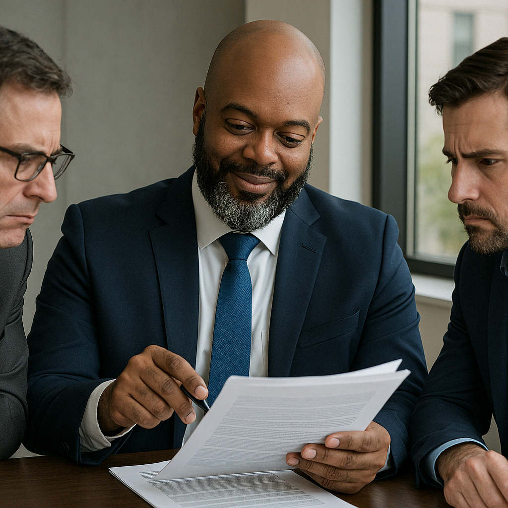 Three coworkers in suits reviewing a document together at a table in an office.